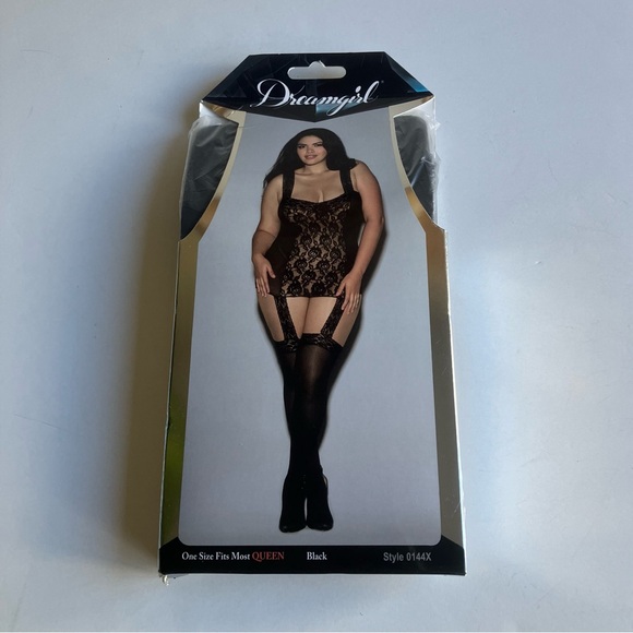 Dreamgirl Rose Lace Gartered Bodystocking One Size Queen Sheer Lace Up Lingerie - Picture 2 of 11